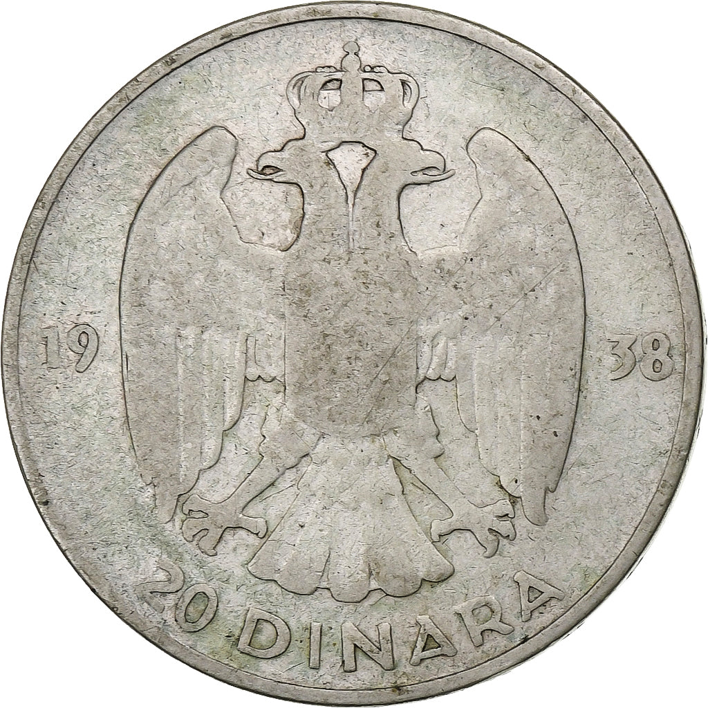 Yugoslavia, Petar II, 20 Dinara, 1938, Silver, VF(30-35), KM:23
