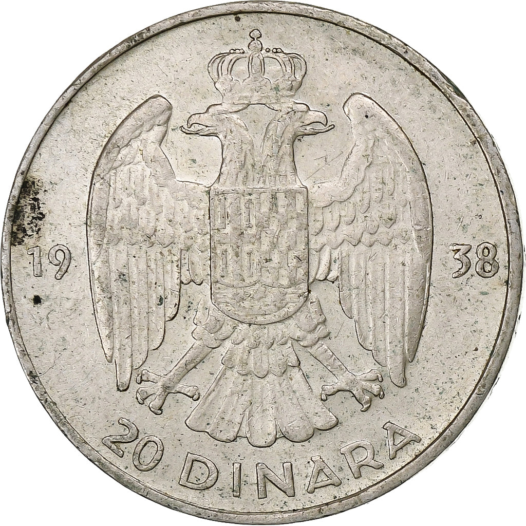 Yugoslavia, Petar II, 20 Dinara, 1938, Silver, AU(50-53), KM:23