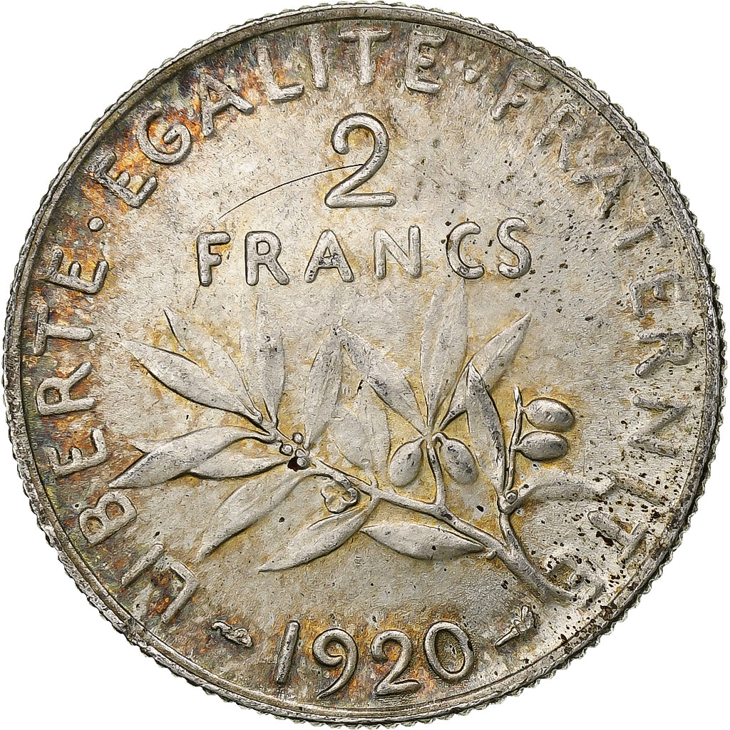Frankrijk, 2 Francs, Semeuse, 1920, Paris, Zilver, PR+, Gadoury:532, KM:845.1