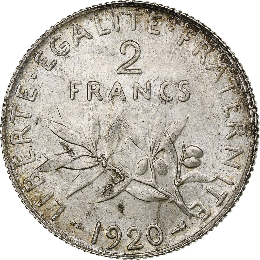 France, 2 Francs, Semeuse, 1920, Paris, Silver, MS(60-62), Gadoury:532, KM:845.1