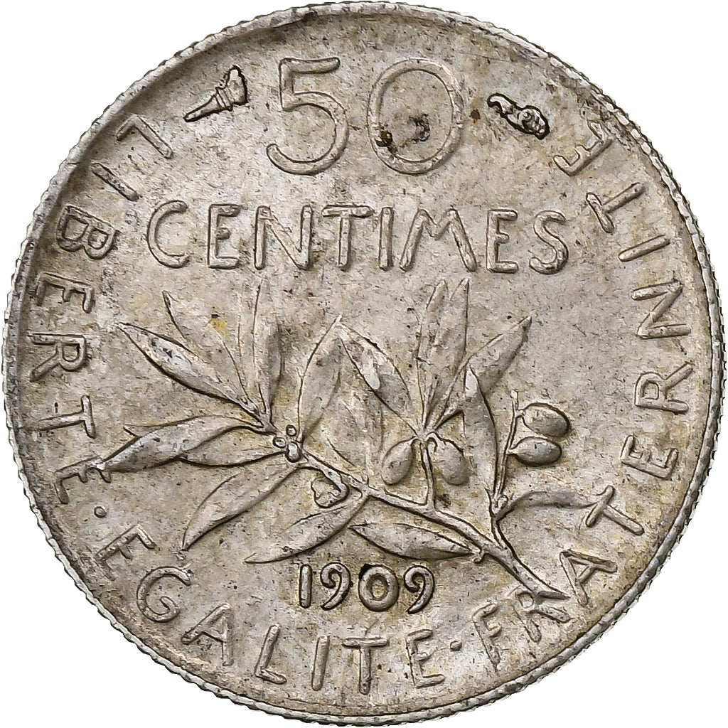 France, 50 Centimes, Semeuse, 1909, Paris, Silver, AU(55-58), Gadoury:420