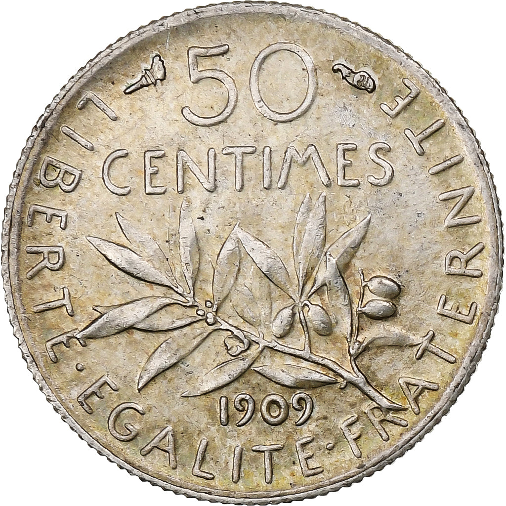Francia, 50 Centimes, Semeuse, 1909, Paris, Plata, EBC+, Gadoury:420, KM:854