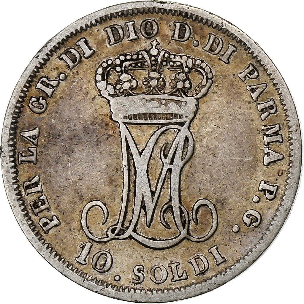 Estados italianos, PARMA, Maria Luigia, 10 Soldi, 1815, Parma, Plata, BC+, KM:27