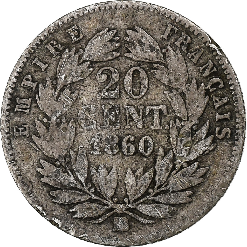 France, 20 Centimes, Napoléon III, 1860, Strasbourg, Argent, B+, KM:778.2