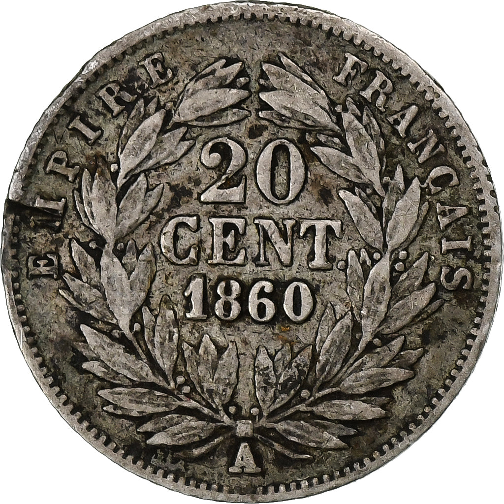 Francia, 20 Centimes, Napoléon III, 1860, Paris, Plata, BC, KM:778.1