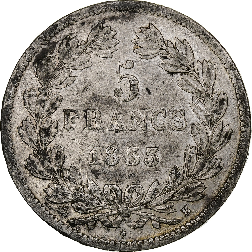 Francia, 5 Francs, Louis-Philippe, 1833, Rouen, Argento, MB+, Gadoury:678