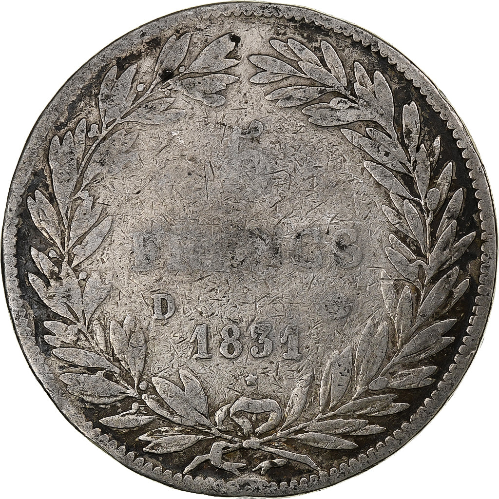 França, 5 Francs, Louis-Philippe, 1831, Lyon, Prata, F(12-15), Gadoury:676
