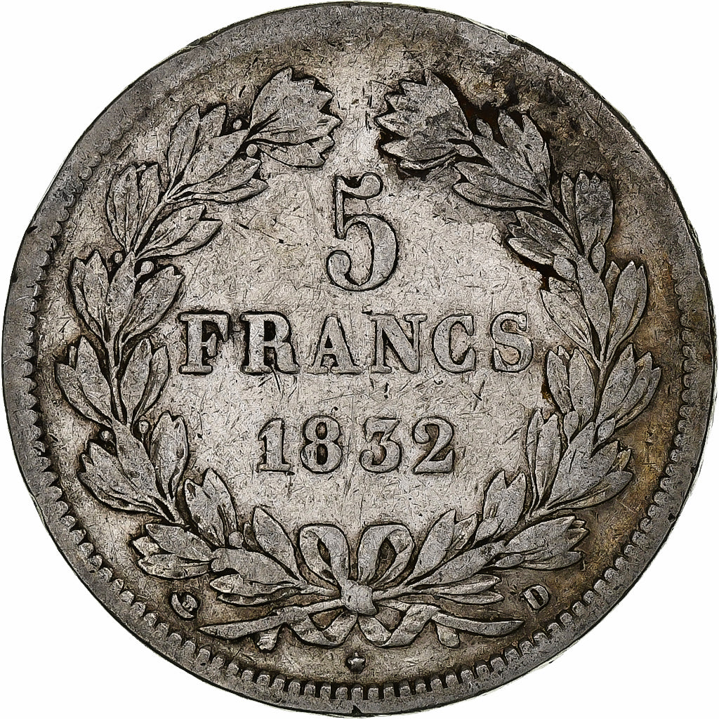 França, 5 Francs, Louis-Philippe, 1832, Lyon, Prata, F(12-15), Gadoury:678
