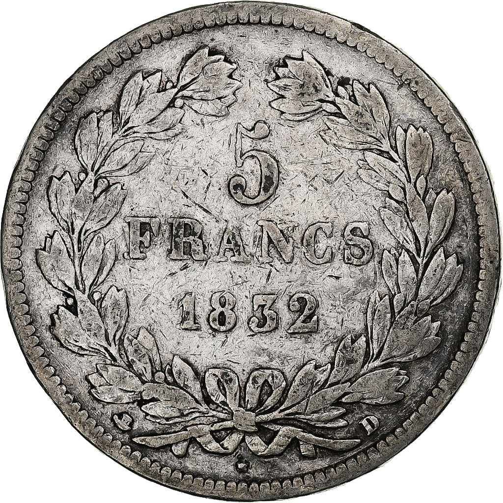 France, 5 Francs, Louis-Philippe, 1832, Lyon, Silver, F(12-15), Gadoury:678