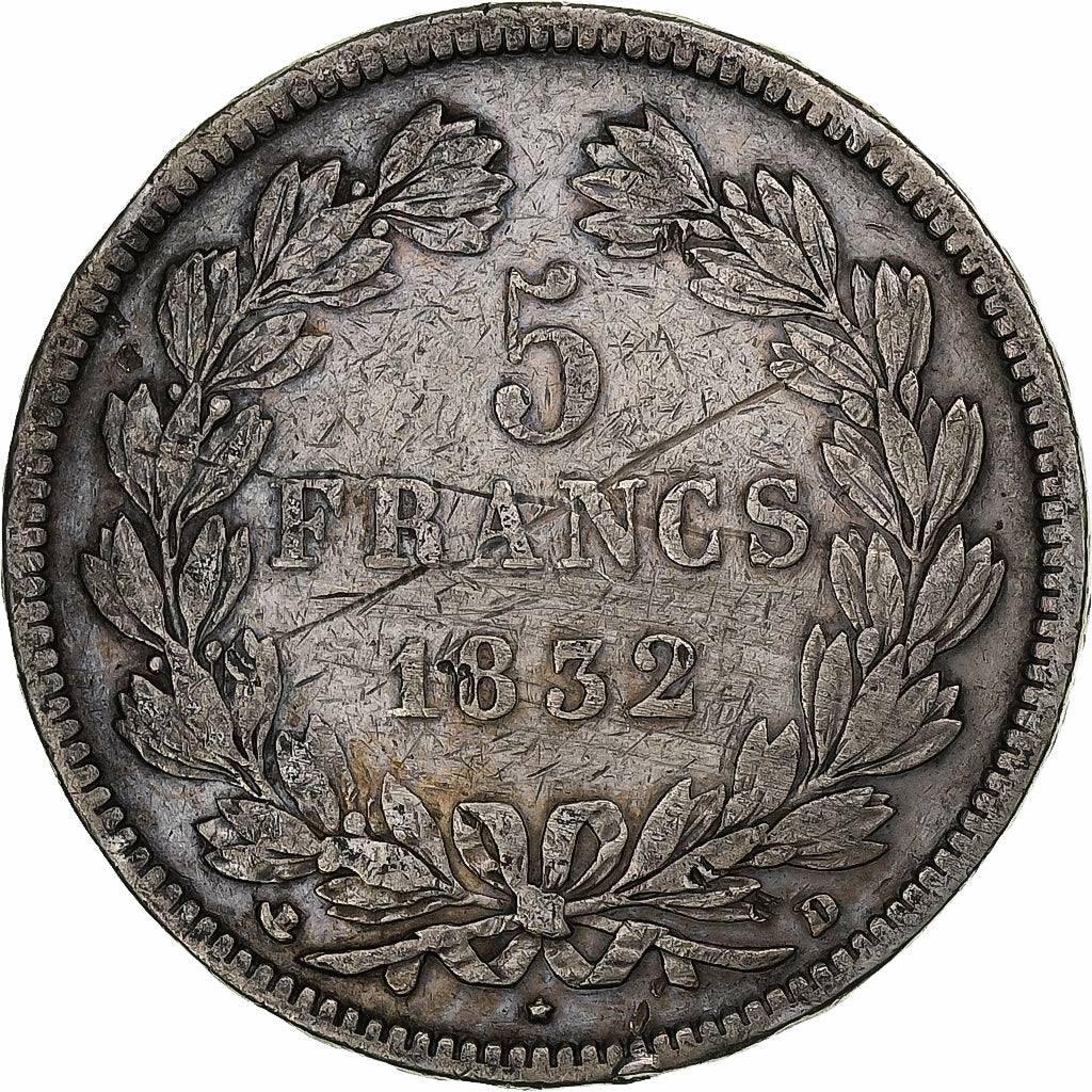 France, 5 Francs, Louis-Philippe, 1832, Lyon, Silver, VF(20-25), Gadoury:678