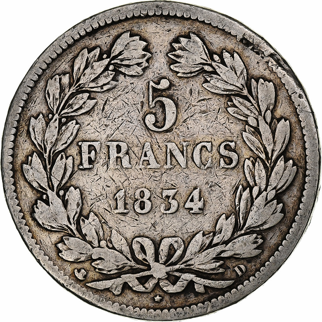 France, 5 Francs, Louis-Philippe, 1834, Lyon, Argent, B+, Gadoury:678, KM:749.4