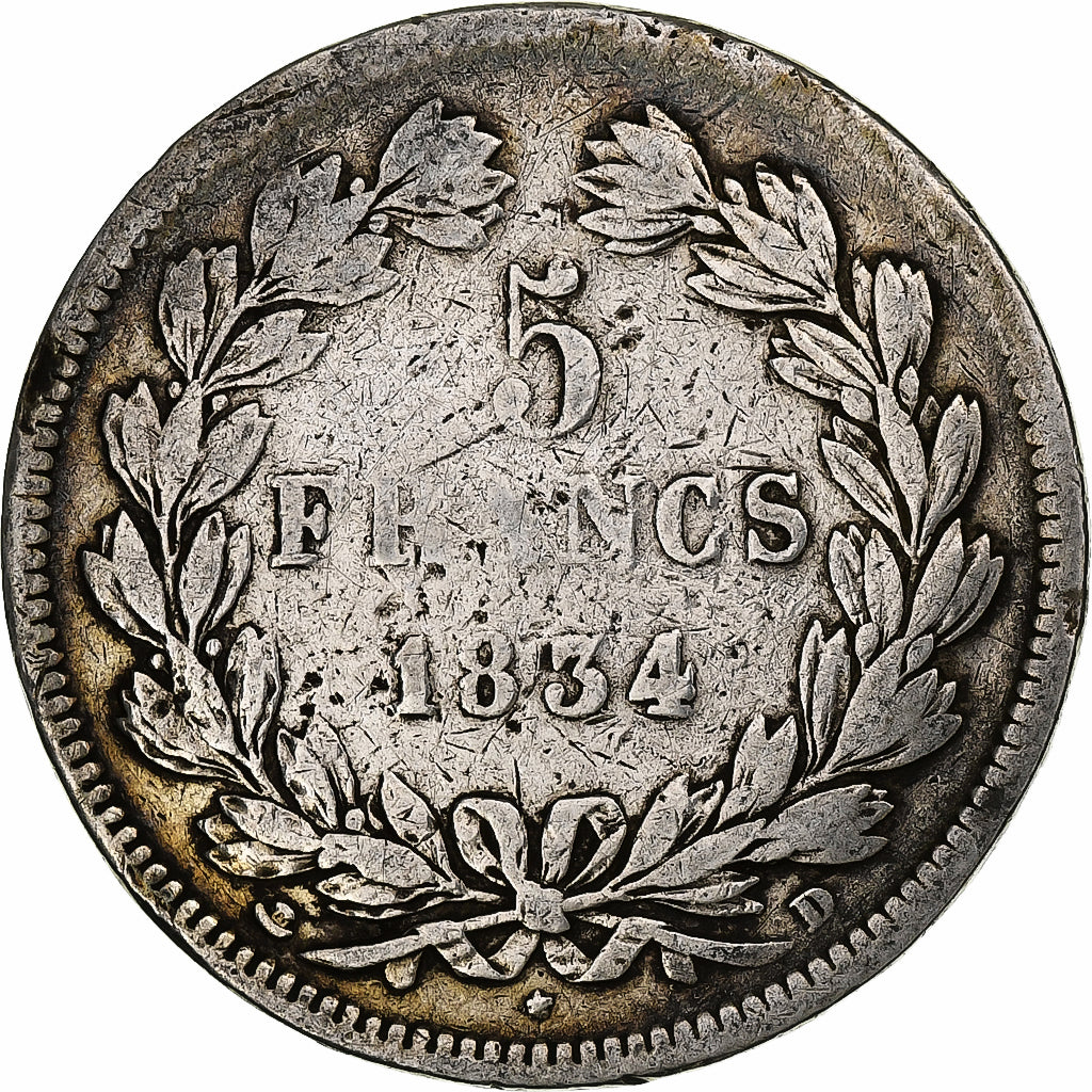 France, 5 Francs, Louis-Philippe, 1834, Lyon, Argent, B+, Gadoury:678, KM:749.4
