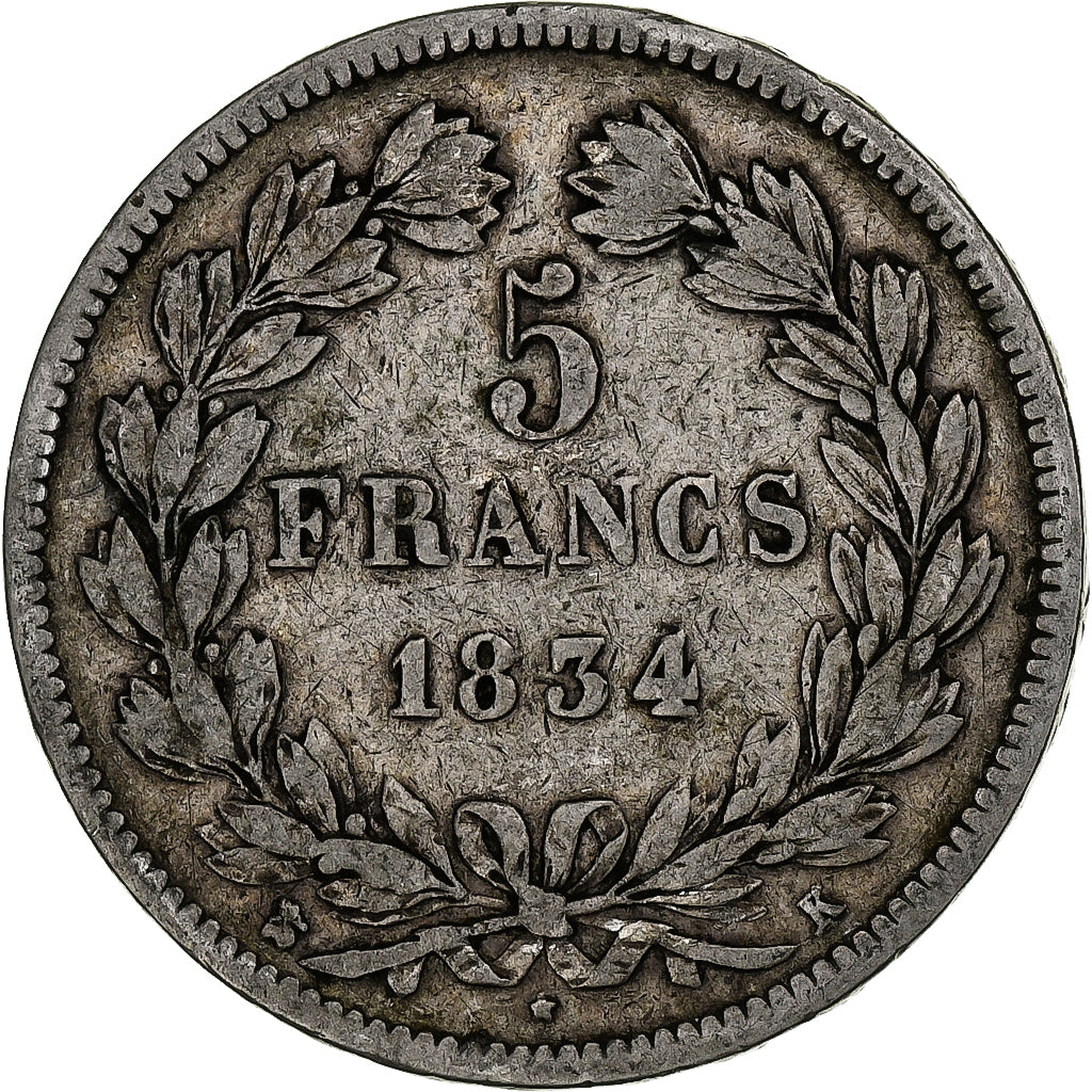 France, 5 Francs, Louis-Philippe, 1834, Bordeaux, Silver, F(12-15), Gadoury:678