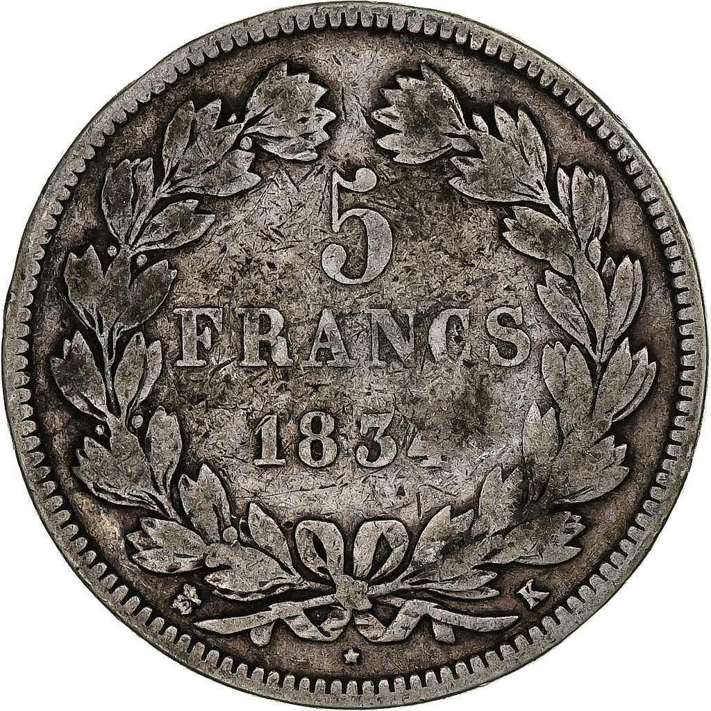France, 5 Francs, Louis-Philippe, 1834, Bordeaux, Silver, F(12-15), Gadoury:678