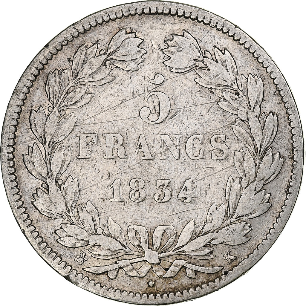 Frankrijk, 5 Francs, Louis-Philippe, 1834, Bordeaux, Zilver, ZG+, Gadoury:678