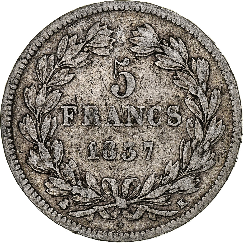 France, 5 Francs, Louis-Philippe, 1837, Bordeaux, Silver, VF(20-25)