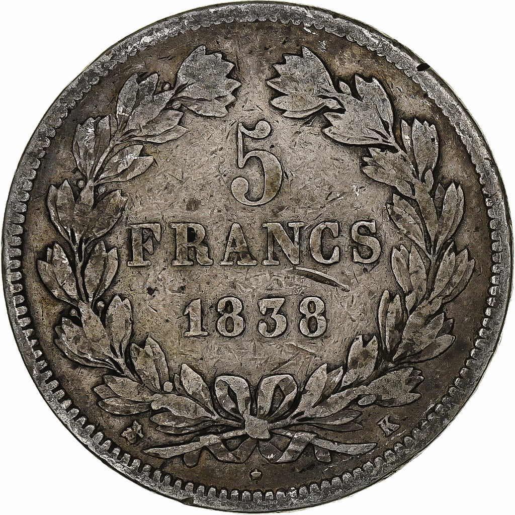 France, 5 Francs, Louis-Philippe, 1838, Bordeaux, Silver, VF(20-25)