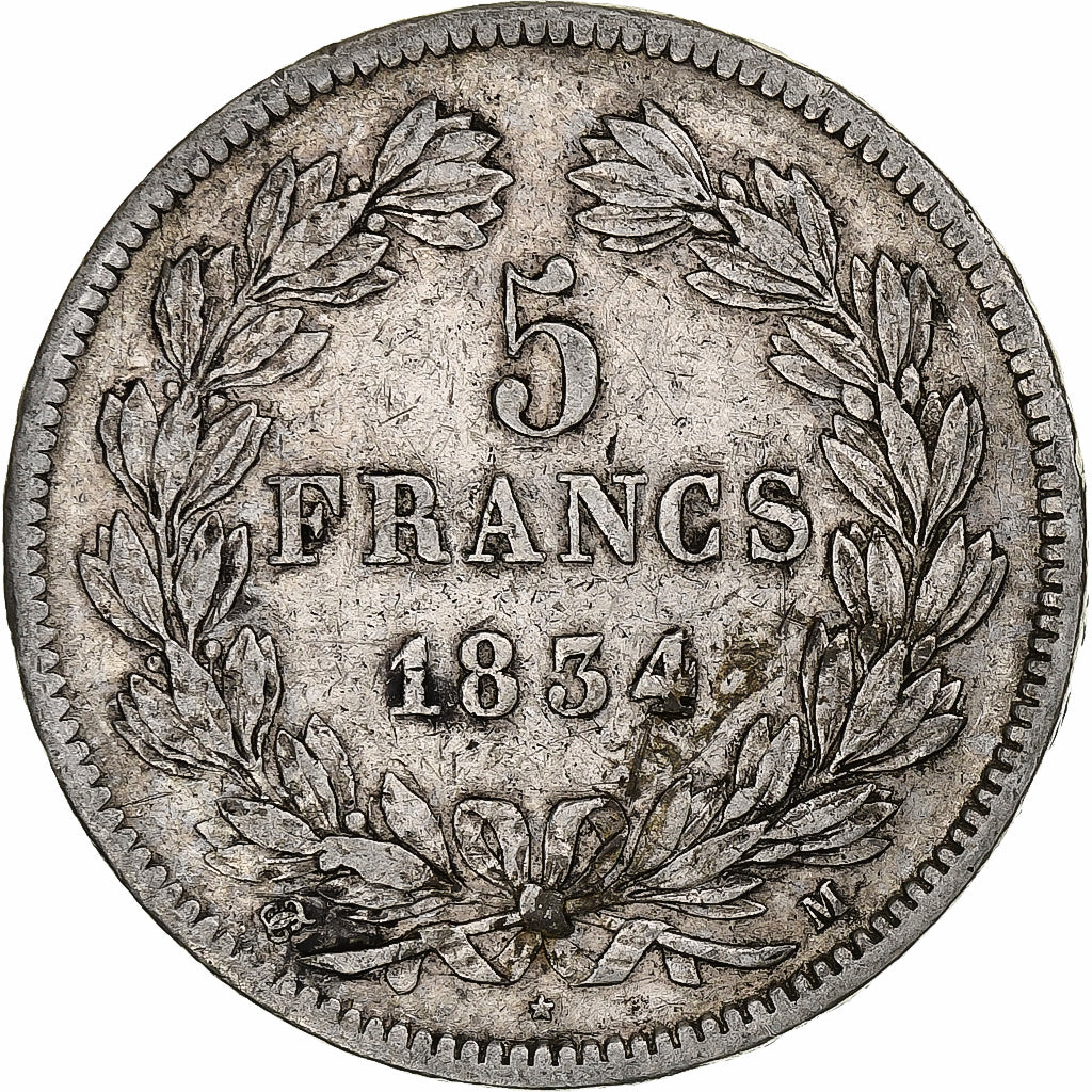 France, 5 Francs, Louis-Philippe, 1834, Toulouse, Silver, VF(20-25)
