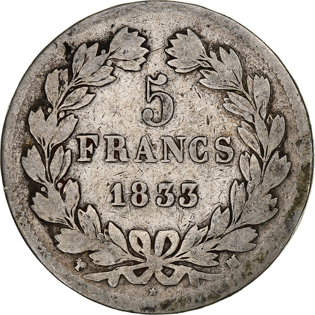 France, 5 Francs, Louis-Philippe, 1833, Marseille, Silver, F(12-15)
