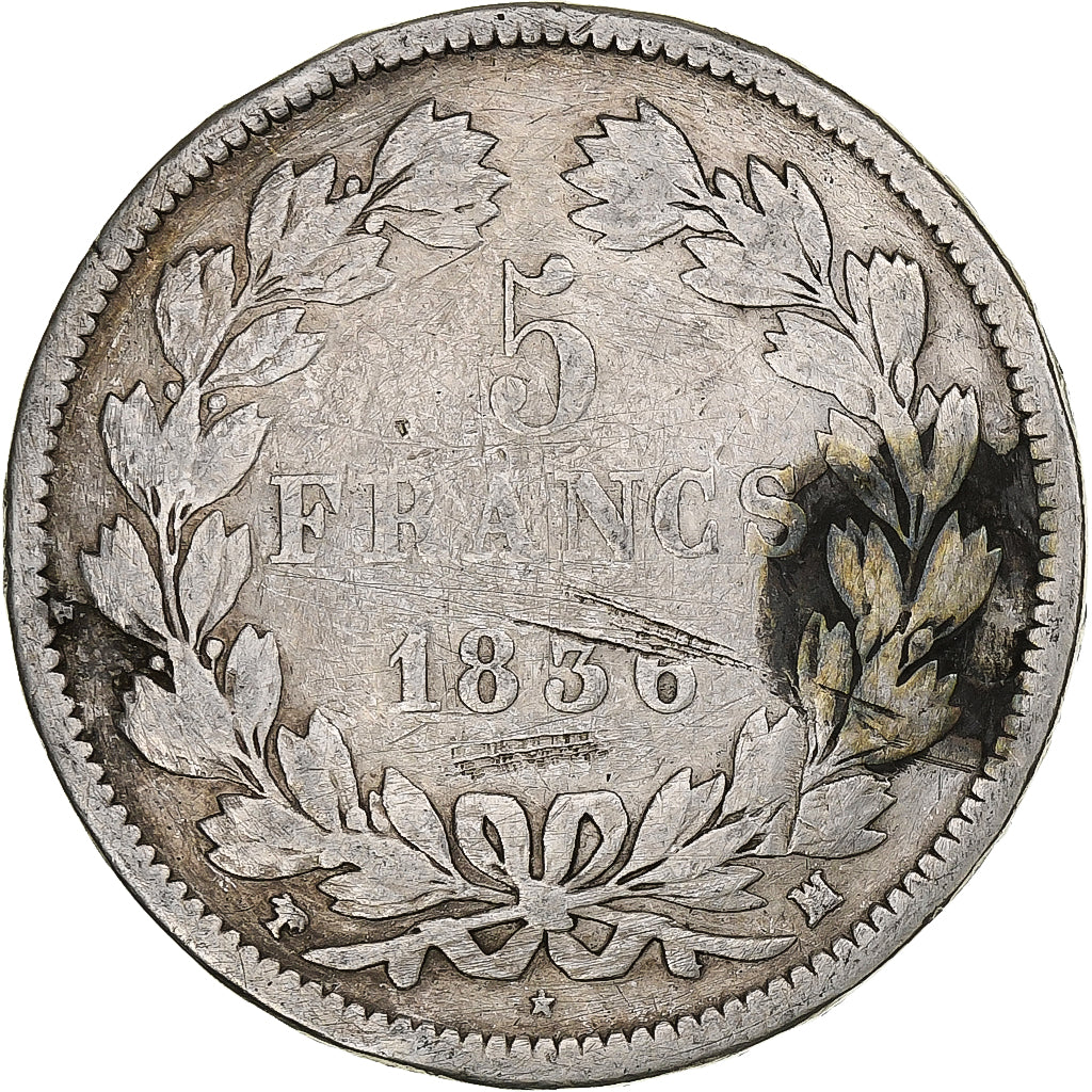 France, 5 Francs, Louis-Philippe, 1836, Marseille, Silver, F(12-15)