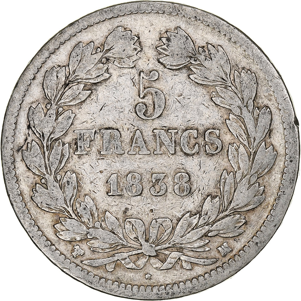 France, 5 Francs, Louis-Philippe, 1838, Marseille, Silver, F(12-15)