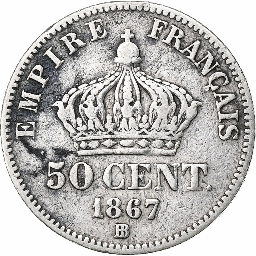 France, Napoleon III, 50 Centimes, 1867, Strasbourg, Silver, VF(20-25)