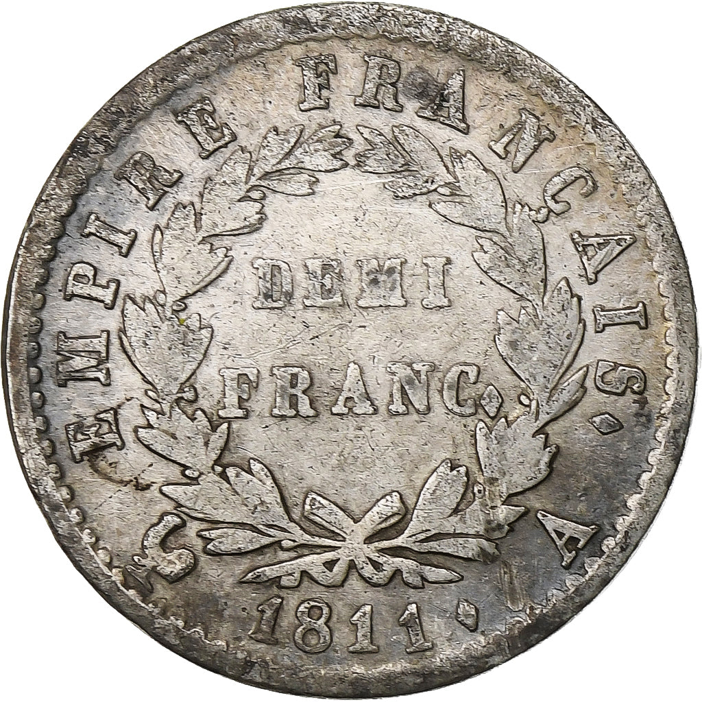 France, Napoléon I, Demi Franc, 1811, Paris, Argent, TB+, Gadoury:399, KM:691.1