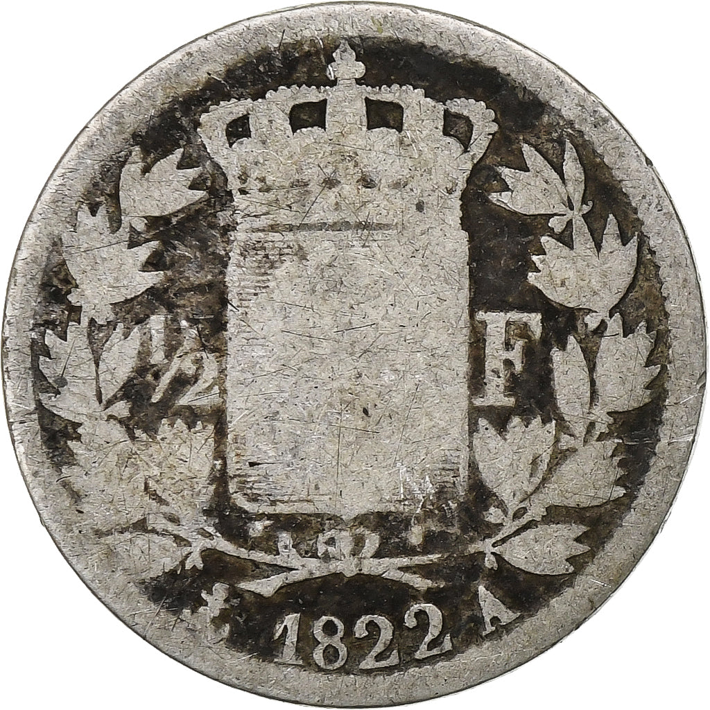 France, 1/2 Franc, Louis XVIII, 1822, Paris, Silver, G(4-6), Gadoury:401
