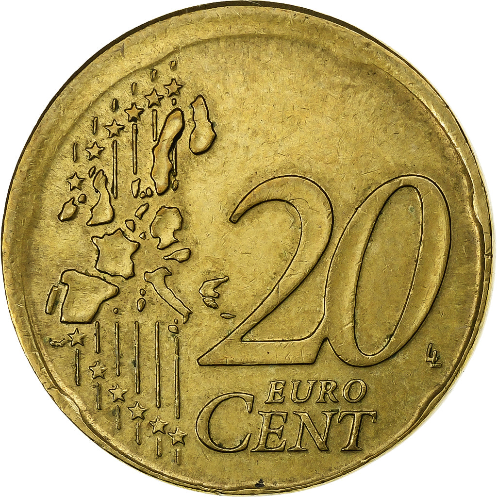 Italie, 20 Euro Cent, error off center strike, 2002, Rome, Laiton, TTB, KM:214