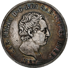 Estados italianos, SARDINIA, Carlo Felice, 5 Lire, 1827, Genoa, Plata, BC+
