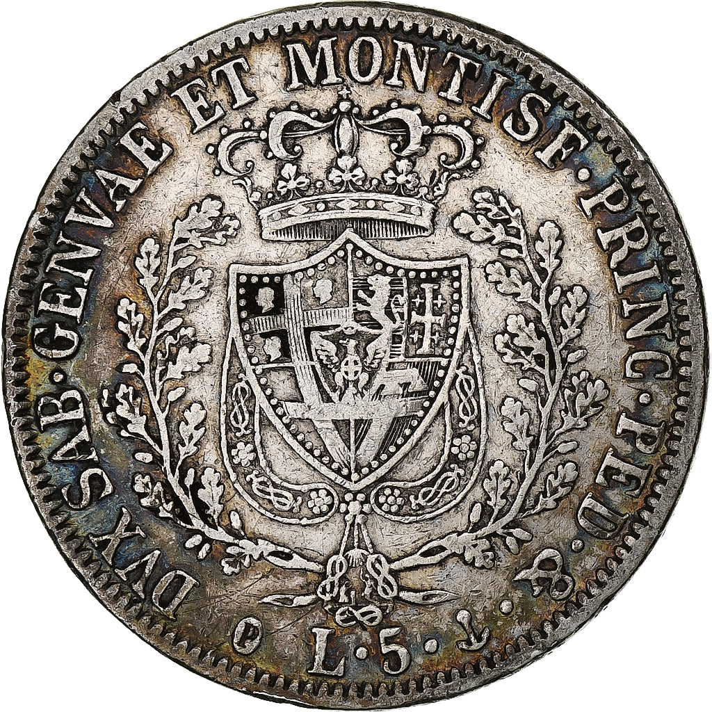 STATI ITALIANI, SARDINIA, Carlo Felice, 5 Lire, 1827, Genoa, Argento, MB+