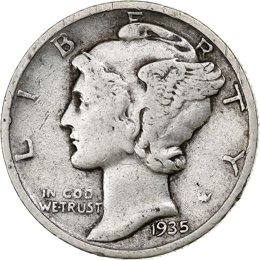 États-Unis, Dime, Mercury Dime, 1935, Philadelphie, Argent, TB, KM:140