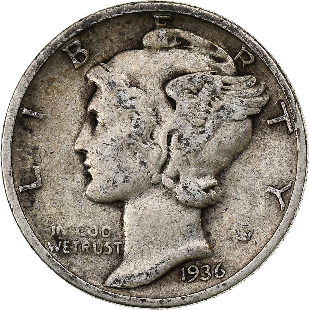 États-Unis, Dime, Mercury Dime, 1936, Philadelphie, Argent, TB, KM:140