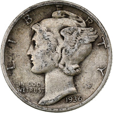 États-Unis, Dime, Mercury Dime, 1936, Philadelphie, Argent, TB, KM:140