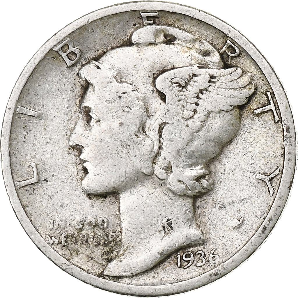 États-Unis, Dime, Mercury Dime, 1936, Philadelphie, Argent, TB, KM:140