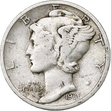 États-Unis, Dime, Mercury Dime, 1936, Philadelphie, Argent, TB, KM:140