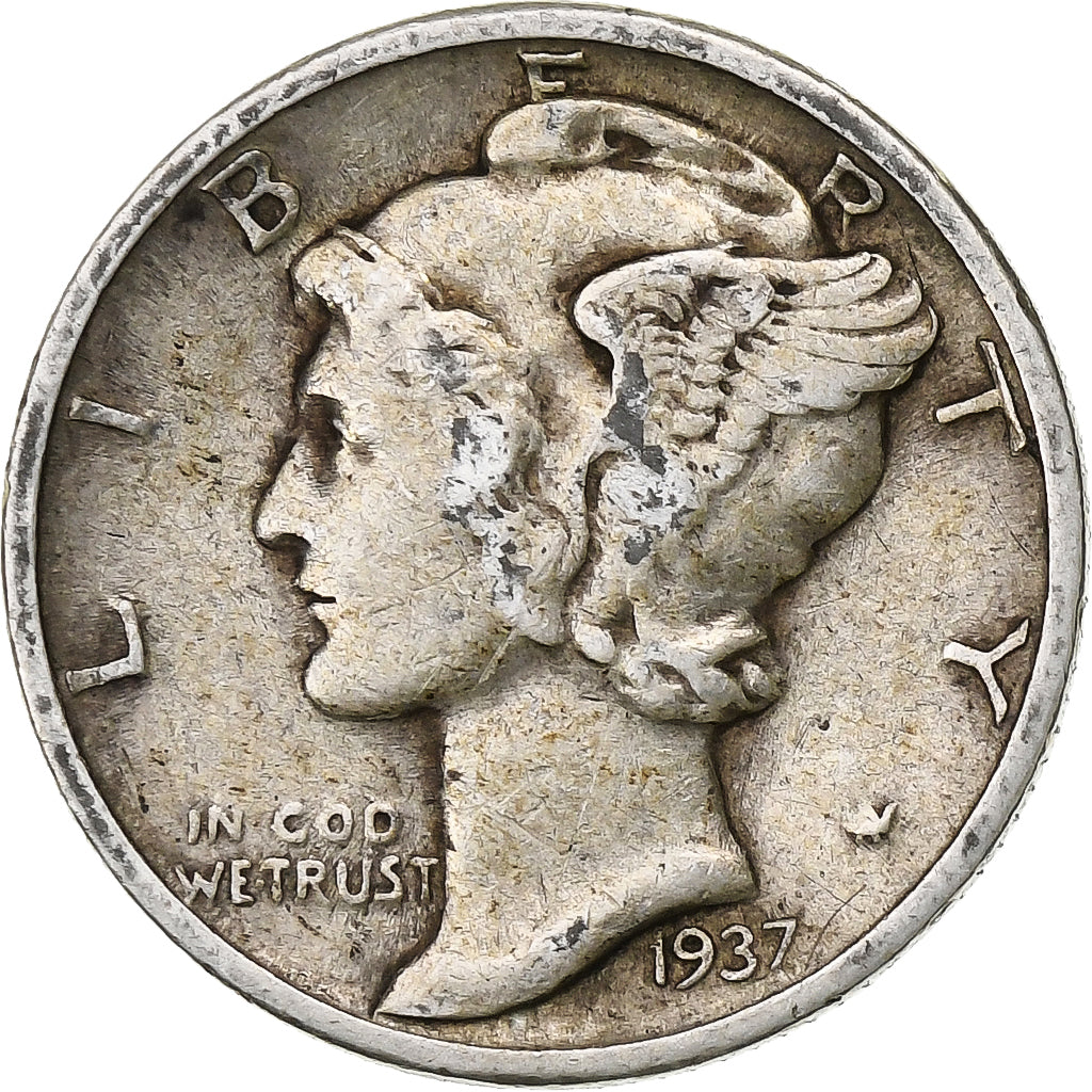 Vereinigte Staaten, Dime, Mercury Dime, 1937, Philadelphia, Silber, S+, KM:140