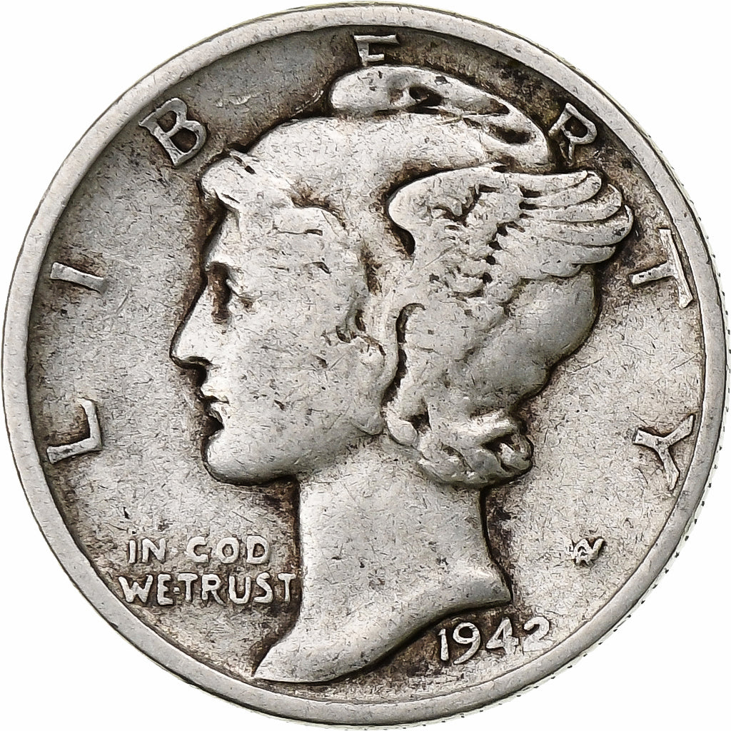 États-Unis, Dime, Mercury Dime, 1942, Philadelphie, Argent, B+, KM:140