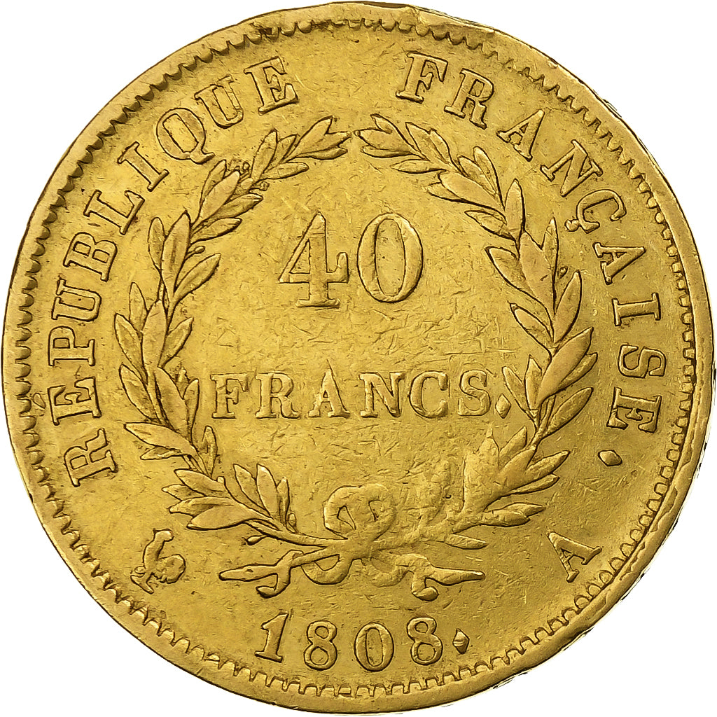 Francia, 40 Francs, Napoléon I, 1808, Paris, Oro, MB+, Gadoury:1083, KM:688.1
