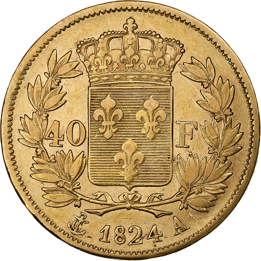 Francia, 40 Francs, Charles X, 1824, Paris, Oro, MB+, Gadoury:1105, KM:721.1