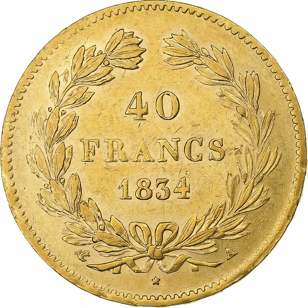 France, 40 Francs, Louis-Philippe, 1834, Paris, Gold, EF(40-45), Le Franc:F.546