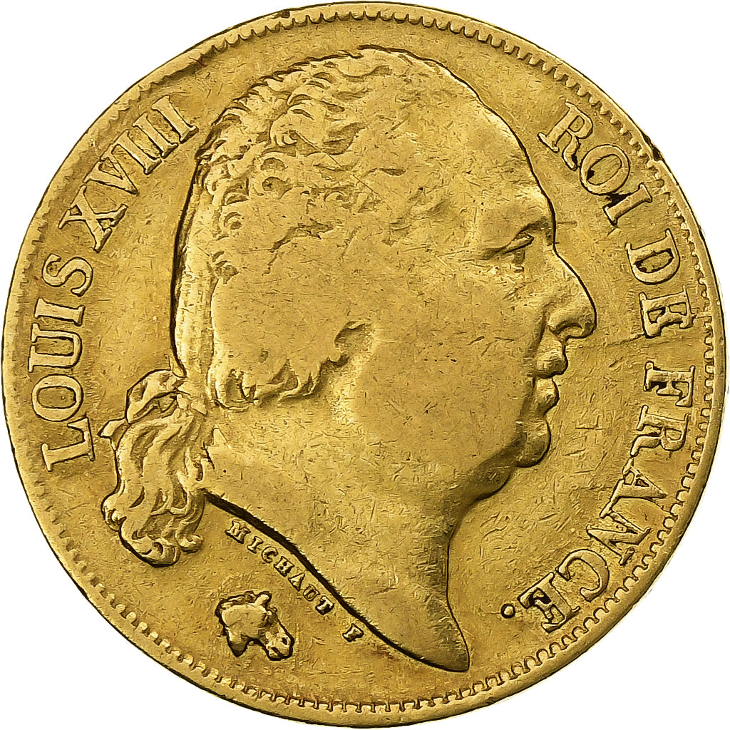 France, 20 Francs, Louis XVIII, 1819, Lille, Gold, VF(20-25), Gadoury:1028