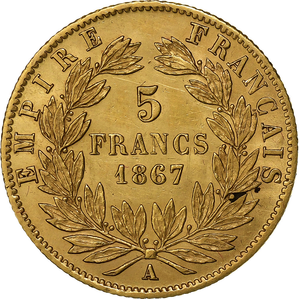 Francja, 5 Francs, Napoléon III, 1867, Paris, Złoto, AU(50-53), Gadoury:1002