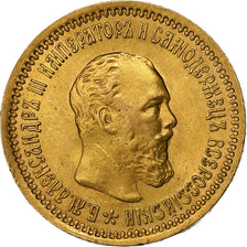 Rússia, Alexander III, 5 Roubles, 1889, Saint Petersburg, Dourado, AU(55-58)