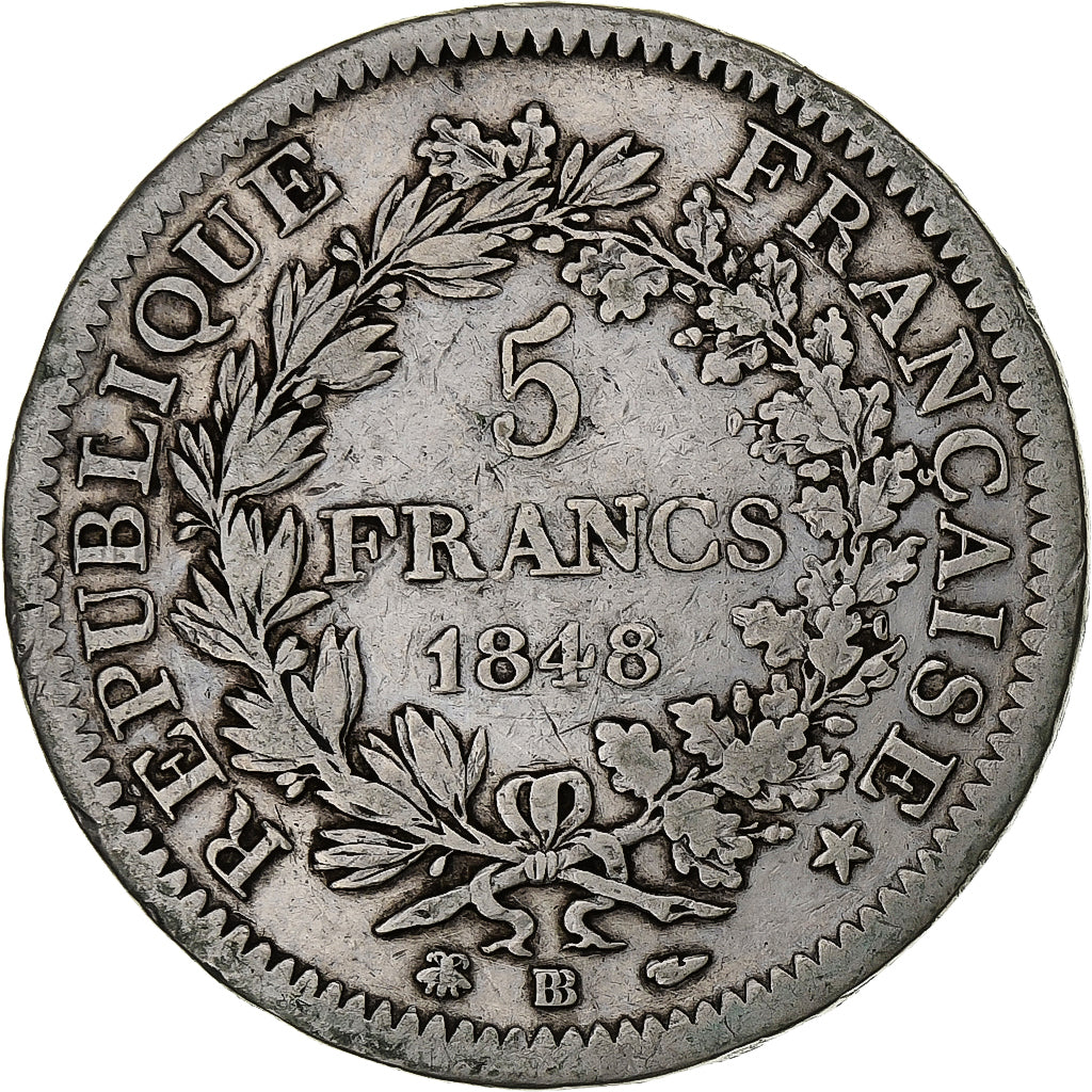 France, 5 Francs, Hercule, 1848, Strasbourg, Silver, VF(20-25), Gadoury:683