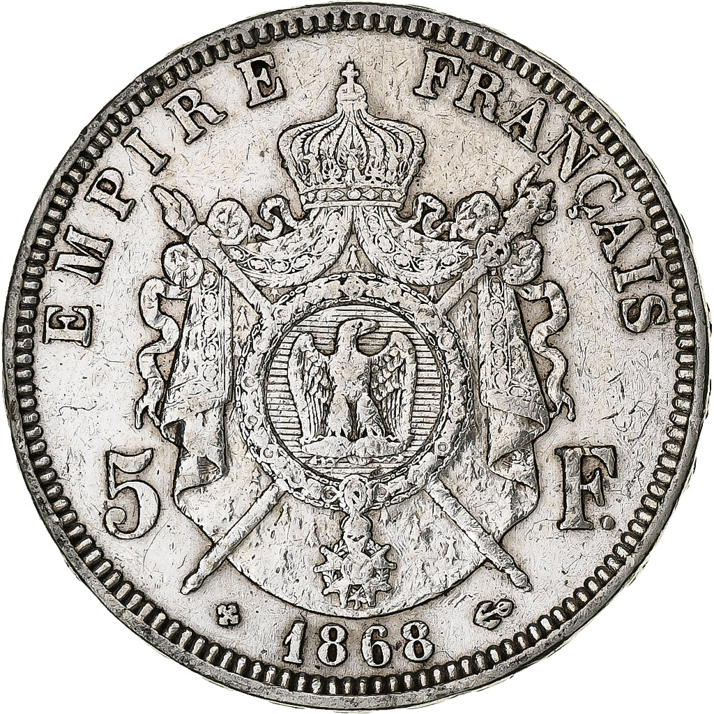 France, 5 Francs, Napoléon III, 1868, Strasbourg, Argent, TTB, Gadoury:739