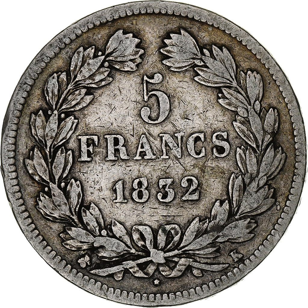 France, 5 Francs, Louis-Philippe, 1832, Bordeaux, Silver, VF(20-25)