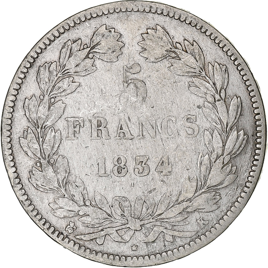 France, 5 Francs, Louis-Philippe, 1834, Bordeaux, Argent, TB, Gadoury:678, Le