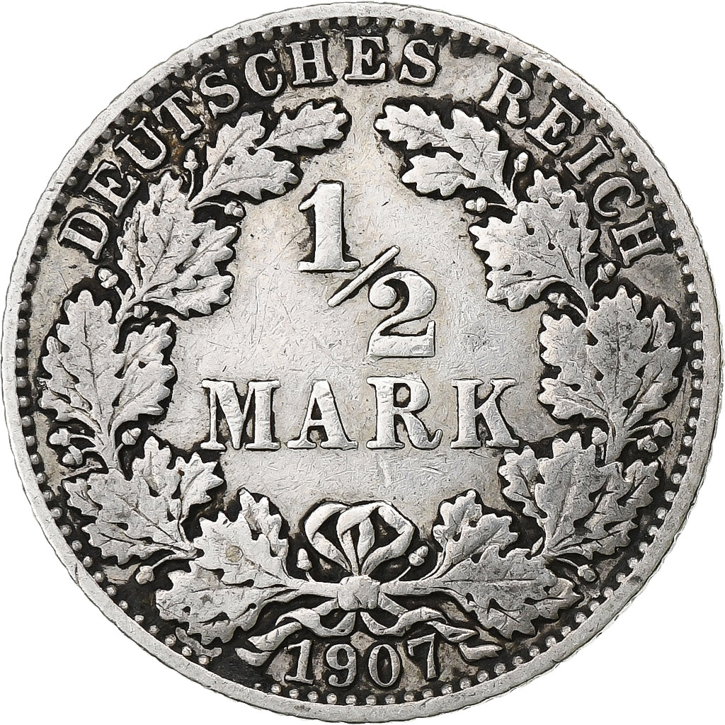ALEMANHA - IMPÉRIO, 1/2 Mark, 1907, Muldenhütten, Prata, VF(30-35), KM:17