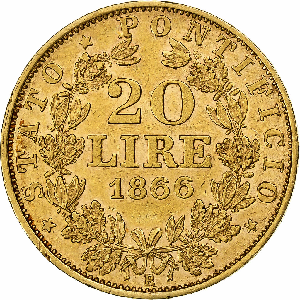 STATI ITALIANI, PAPAL STATES, Pius IX, 20 Lire, 1866, Rome, Oro, BB+, KM:1382.2